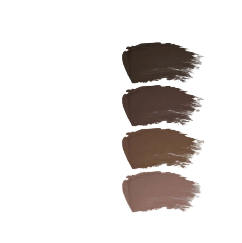 Swatches of KLA Beauty Brow Kit shades in Black Brown, Deep Brown, Medium Brown, and Soft Brown for perfect eyebrow styling.